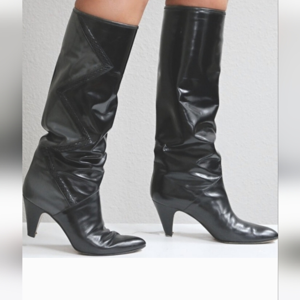 Vtg 80's Black leather patchwork Boots sz 8